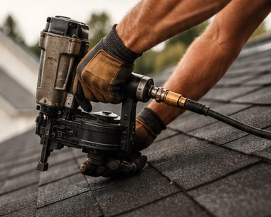 A roofer fastening shingles with a nail gun