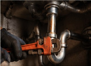 A plumber tightening a pipe fitting with a wrench